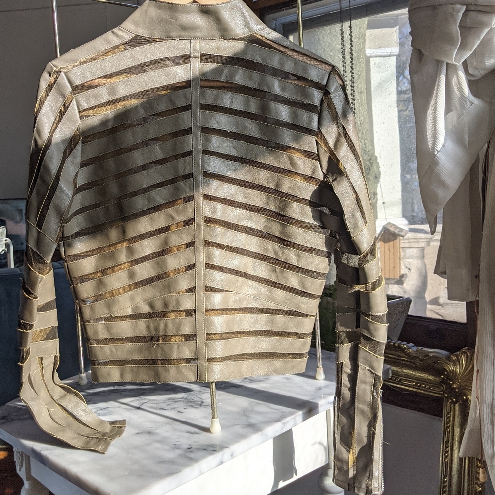 Army Green Faux Leather Sheer Mesh Jacket